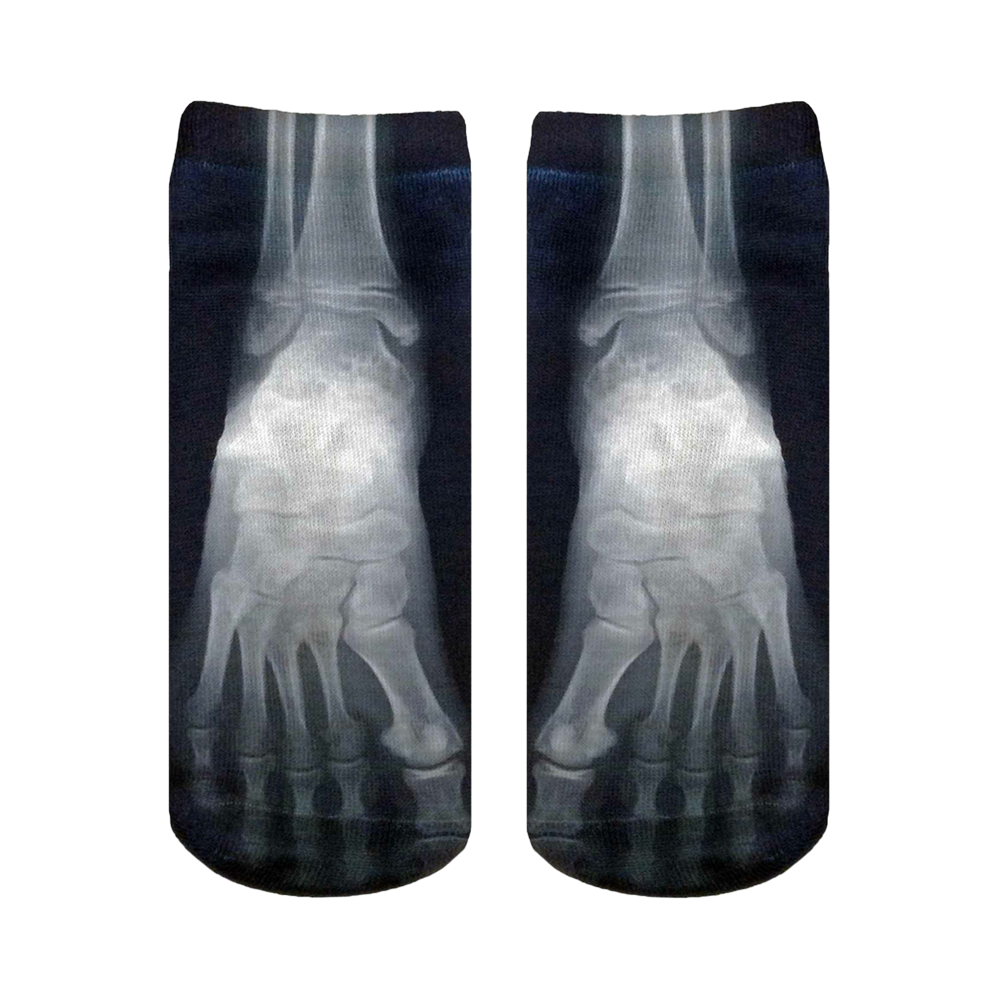 Pair of black ankle socks with a grayscale X-ray image of feet printed on them.  The design shows the bones of the feet in detail.