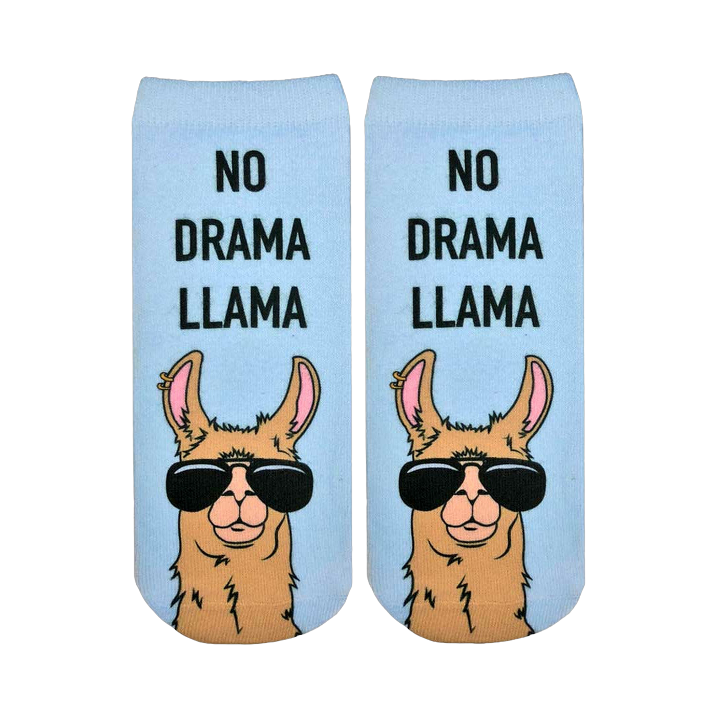 Pair of light blue ankle socks with a tan llama wearing sunglasses. Text reads, "No Drama Llama."