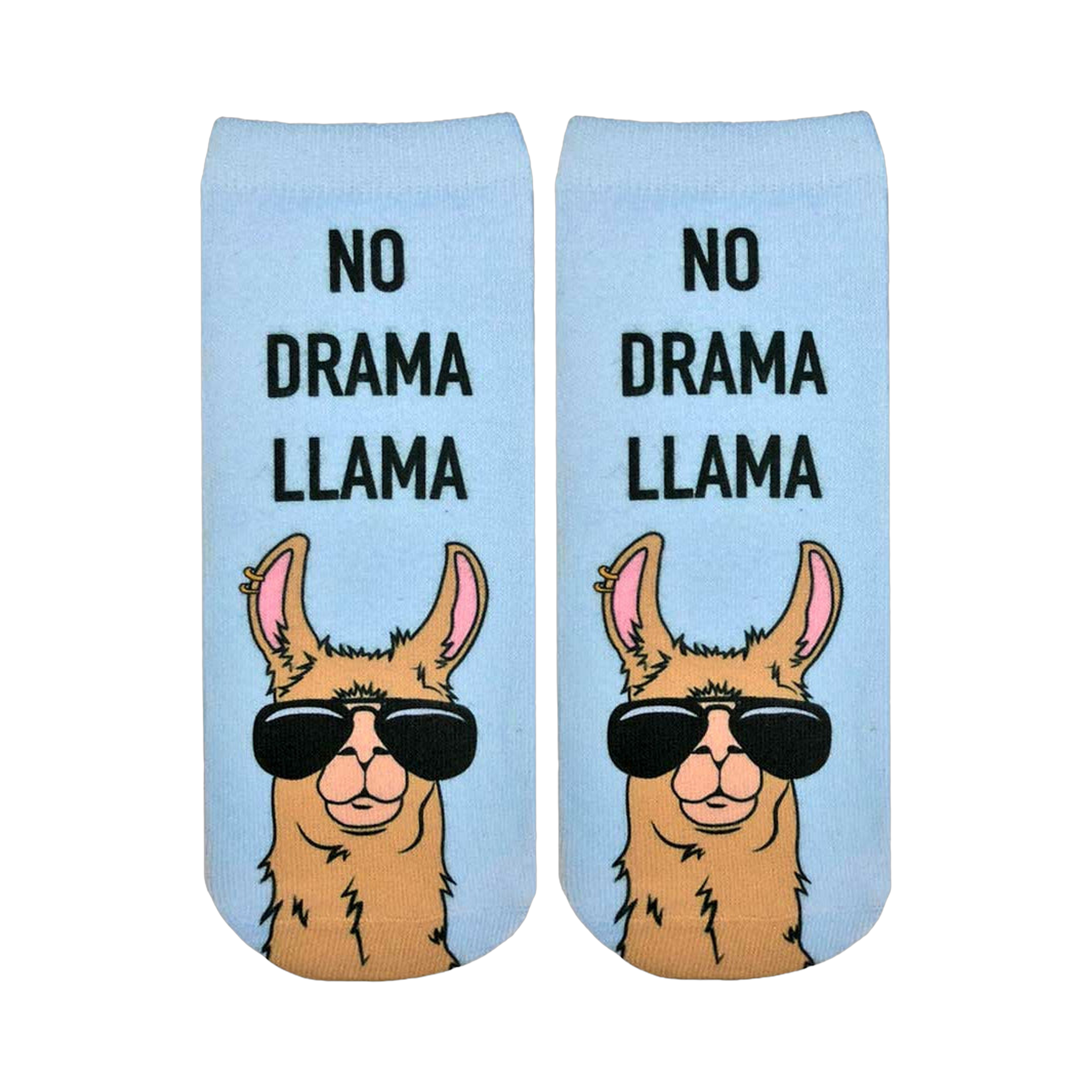 Pair of light blue ankle socks with a tan llama wearing sunglasses. Text reads, "No Drama Llama."