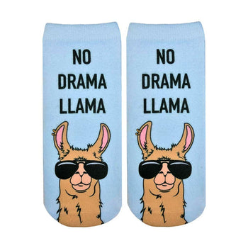ankle-length women's socks with a light blue color and a design of a llama wearing pink earrings and sunglasses.  
