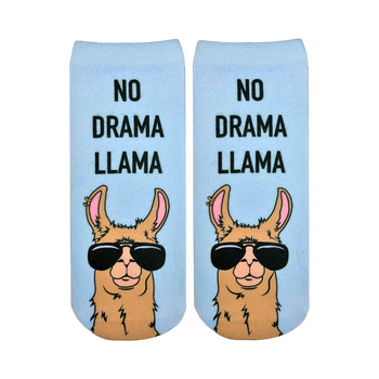Pair of light blue ankle socks with a tan llama wearing sunglasses. Text reads, "No Drama Llama."