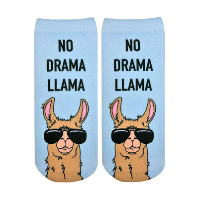 ankle-length women's socks with a light blue color and a design of a llama wearing pink earrings and sunglasses.  