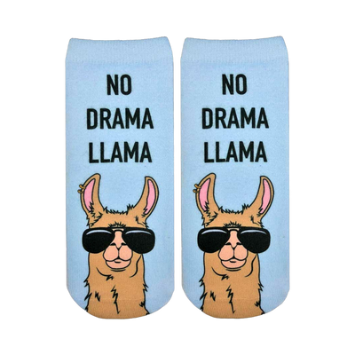 Pair of light blue ankle socks with a tan llama wearing sunglasses. Text reads, "No Drama Llama."