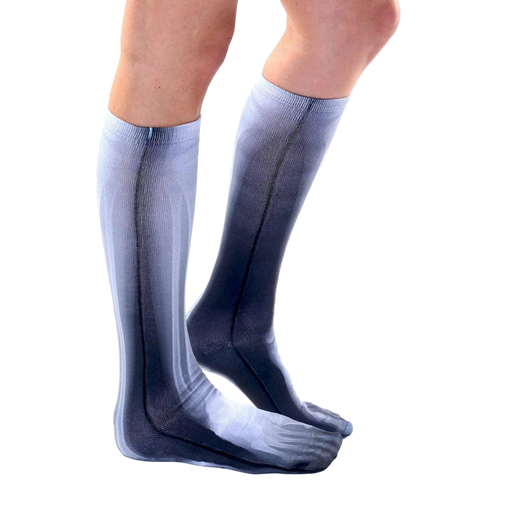 Lifestyle shot showing the socks on a person's legs, highlighting the fit and style. [lf]