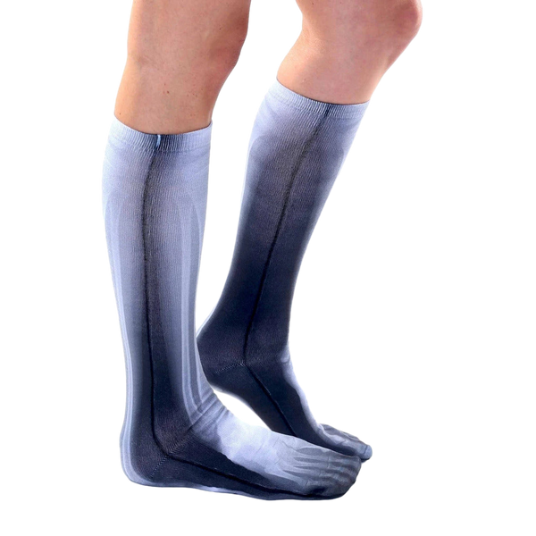 Lifestyle shot showing the socks on a person's legs, highlighting the fit and style. [lf]
