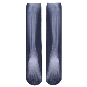A pair of socks with an X-ray pattern of human legs and feet.