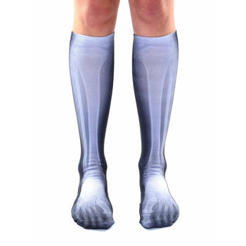 unisex white knee-high socks with gray x-ray bone pattern. perfect for medical professionals or funny feet.  