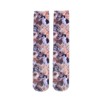 Flat lay product shot of a pair of Kitty All Over knee-high socks, highlighting the full print detail.