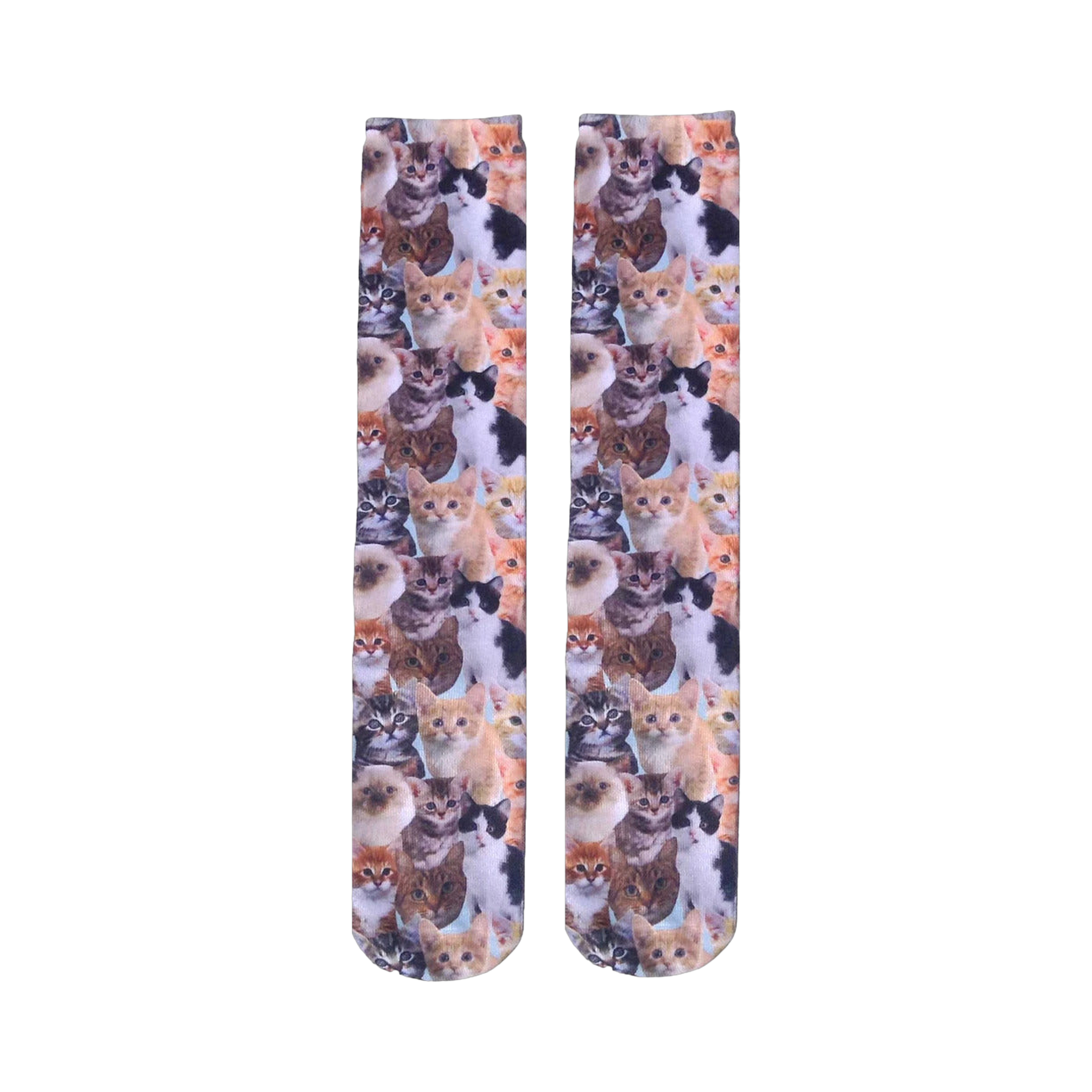Flat lay product shot of a pair of Kitty All Over knee-high socks, highlighting the full print detail.