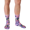 Lifestyle shot of a person wearing the Galaxy Puppy socks, showcasing the socks on their feet. [lf]