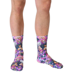 Lifestyle shot of a person wearing the Galaxy Puppy socks, showcasing the socks on their feet. [lf]