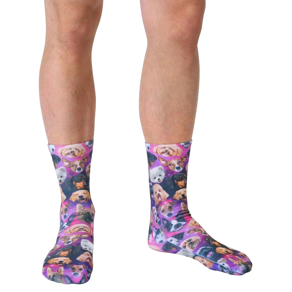 Lifestyle shot of a person wearing the Galaxy Puppy socks, showcasing the socks on their feet. [lf]