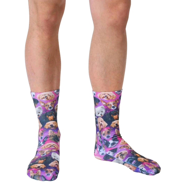 Lifestyle shot of a person wearing the Galaxy Puppy socks, showcasing the socks on their feet. [lf]