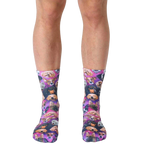 A pair of crew socks with a galaxy print featuring various breeds of dogs in a purple, pink, and black color scheme. [lf]