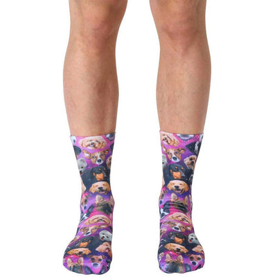 galaxy puppy crew socks: fun dog pattern with party hats, various colors.   