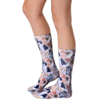 Lifestyle photo showcasing 'Kitty All Over' socks on a person's legs, highlighting the sock's fit and design. [lf]