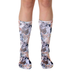 Crew socks featuring an all-over print of adorable kittens in various colors and poses on a light background. [lf]