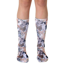 white crew socks with all over cat/kitten pattern. made for men and women.  