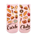 Pair of pink ankle socks with illustrated carbs: pizza, burgers, fries, pretzels, bread, and cupcakes.  'Carb Club' is written on the bottom.