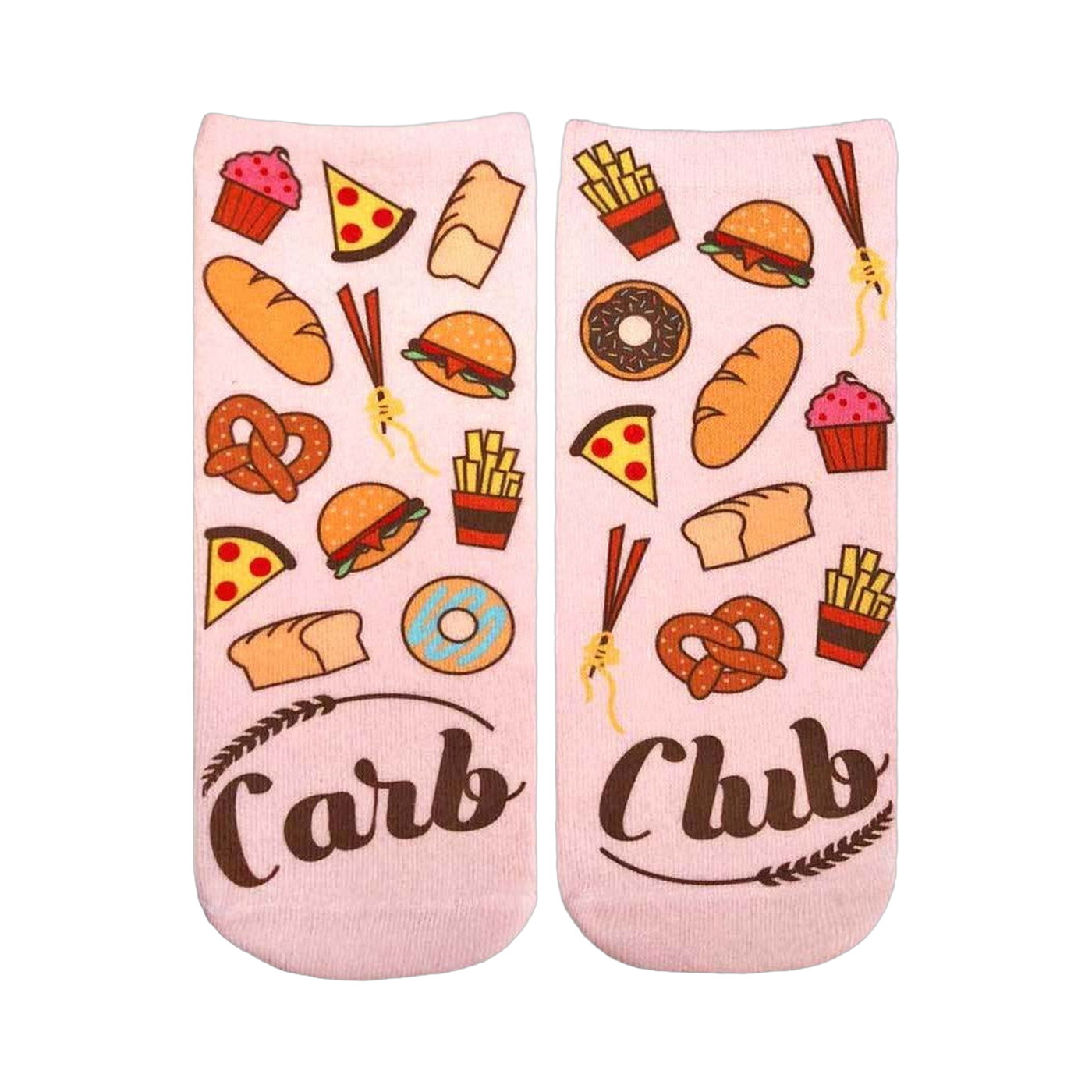 Pair of pink ankle socks with illustrated carbs: pizza, burgers, fries, pretzels, bread, and cupcakes.  'Carb Club' is written on the bottom.