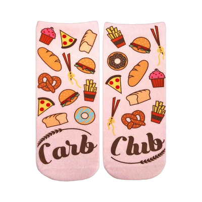 Pair of pink ankle socks with illustrated carbs: pizza, burgers, fries, pretzels, bread, and cupcakes.  'Carb Club' is written on the bottom.