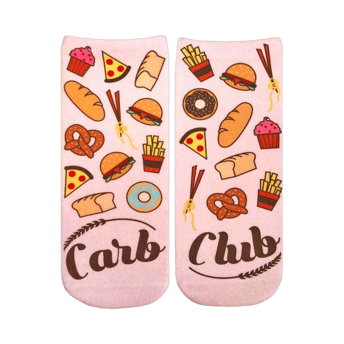 Pair of pink ankle socks with illustrated carbs: pizza, burgers, fries, pretzels, bread, and cupcakes.  'Carb Club' is written on the bottom. }}