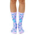 Lavender crew socks with a repeating pattern of light blue narwhals and bubbles. Fun and whimsical design. [lf]