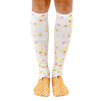 rainbow sprinkle ice cream sock with yellow stars pattern and waffle cone design at ankle. unisex, knee-high.  