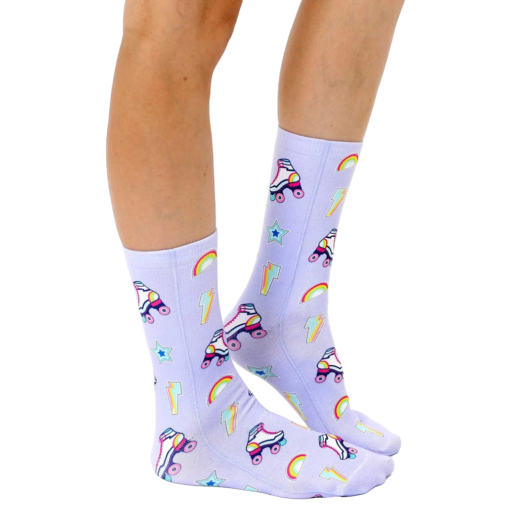 Lifestyle shot of Roller Skate socks on a model's legs, showing how the socks look when worn. [lf]