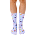 Pair of lavender crew socks with a playful pattern of retro roller skates, rainbows, and lightning bolts. [lf]