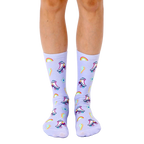 Pair of lavender crew socks with a playful pattern of retro roller skates, rainbows, and lightning bolts. [lf]