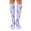 Pair of pastel purple knee-high socks with a fun pattern of retro roller skates, rainbows, lightning bolts, and stars. [lf]