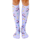 Pair of pastel purple knee-high socks with a fun pattern of retro roller skates, rainbows, lightning bolts, and stars. [lf]