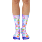 Pair of crew socks with a vibrant design of colorful slushies on a galaxy-print background. The slushies are pink, green, and orange. [lf]
