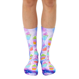 slushy universe socks: satisfy your thirst for unique fashion with these crew-length socks, featuring a vibrant pattern of cartoon slushies in a galactic setting. for men and women.   