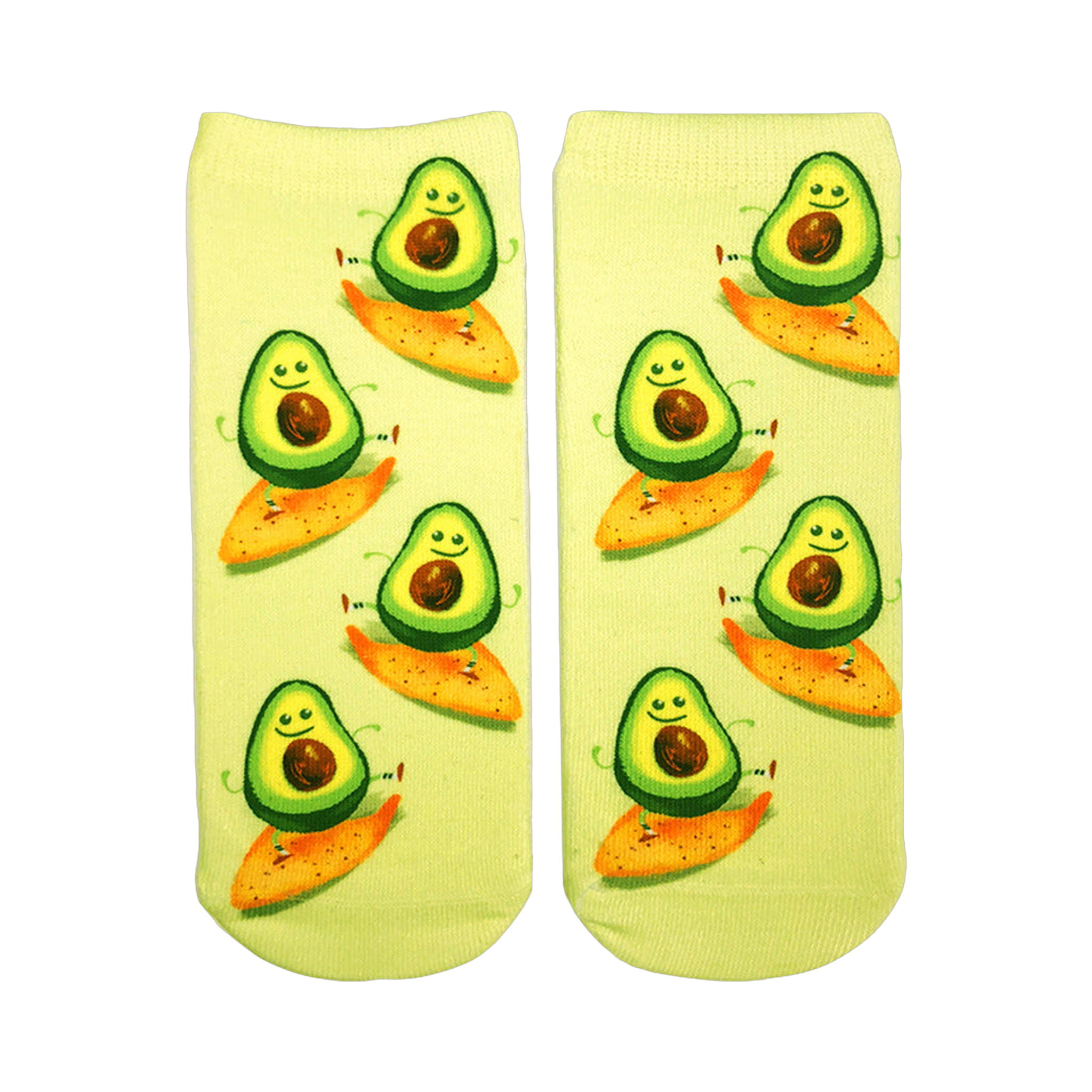 Pair of ankle socks on white background. Light green background with cartoon avocados riding orange tortilla chips. 