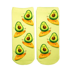 surfing avocado food & drink themed womens yellow novelty ankle socks