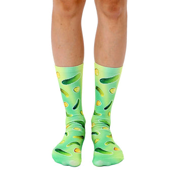 men's and women's pickle pattern light green crew socks.  