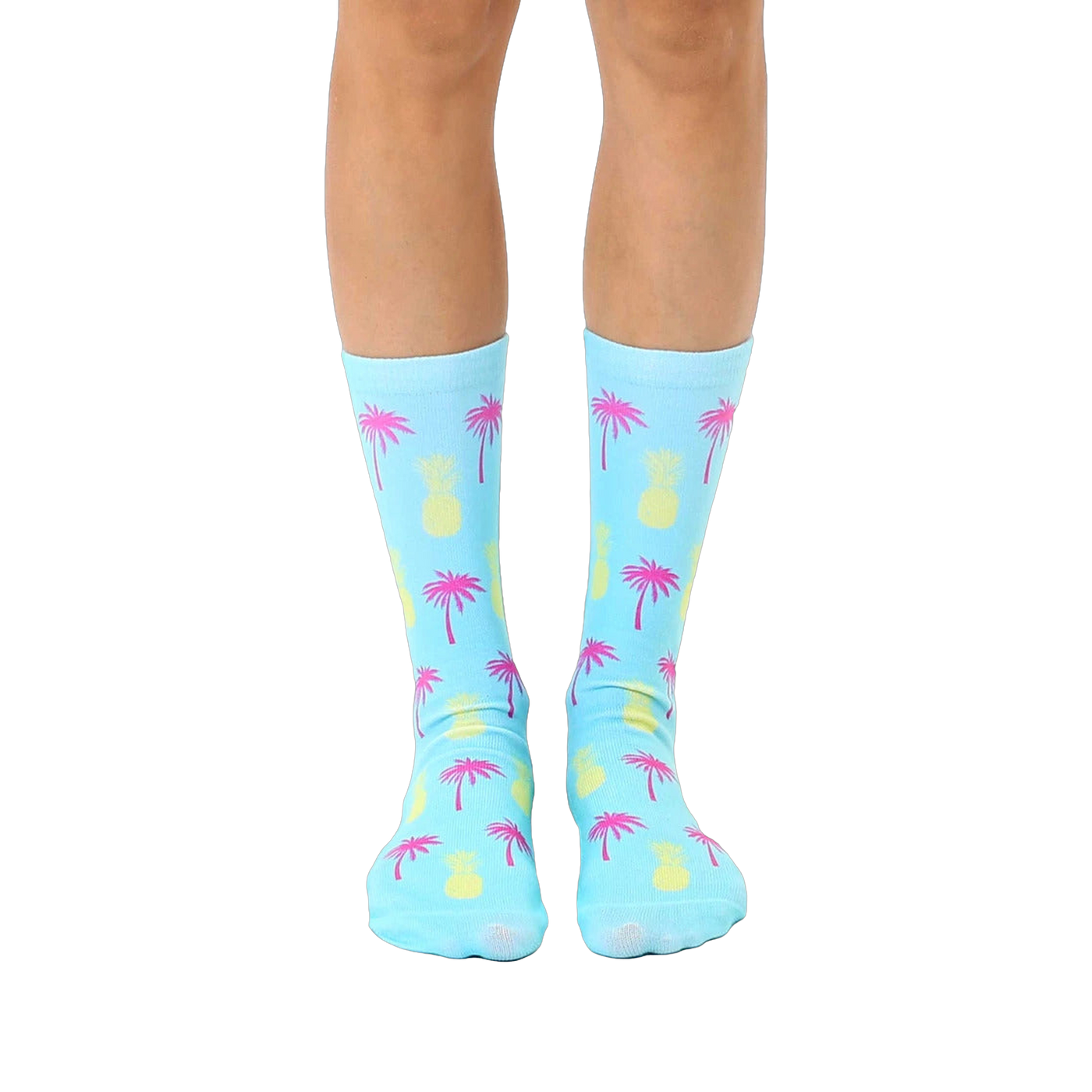 Pair of light blue crew socks with a fun, repeating pattern of pink palm trees and yellow pineapples.