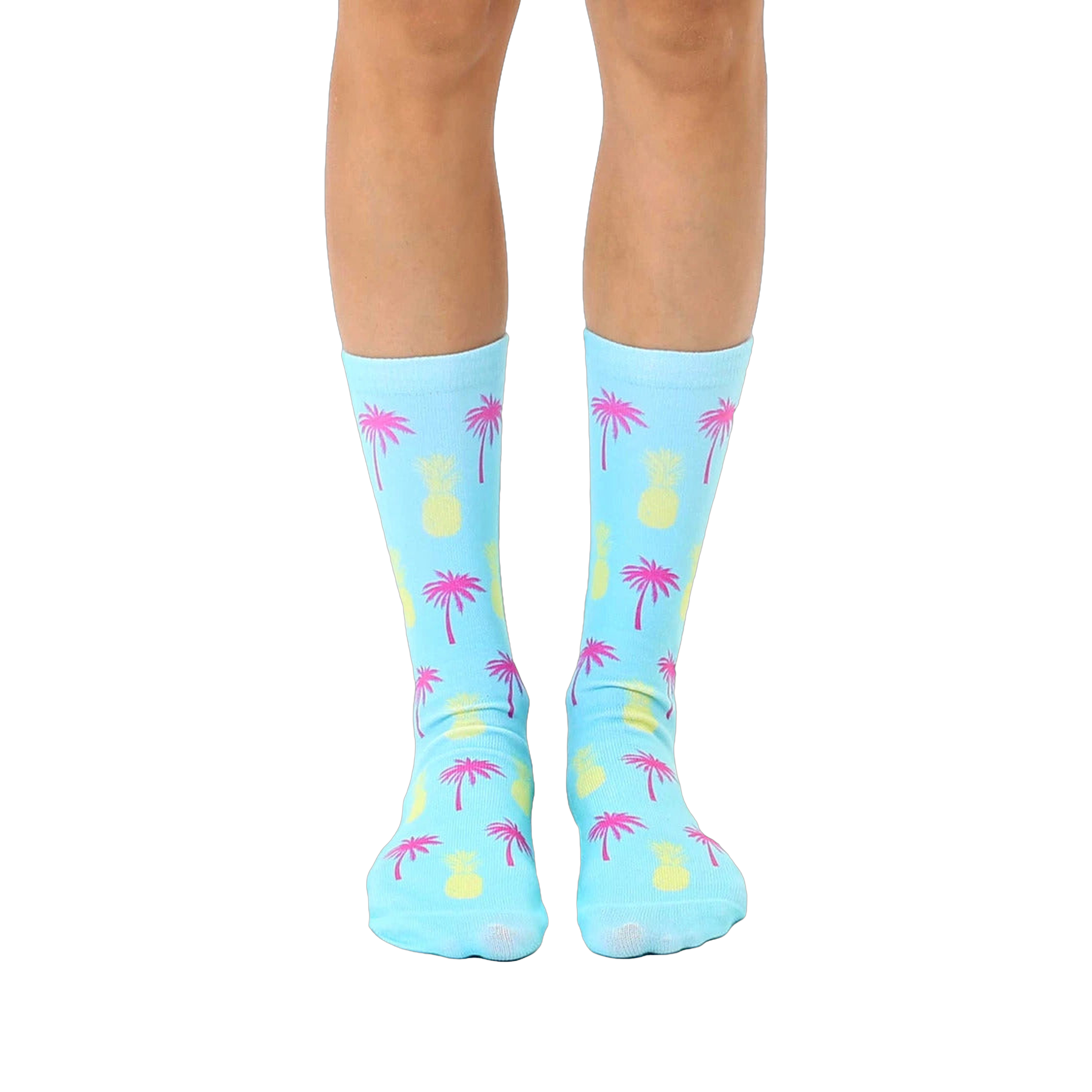 Pair of light blue crew socks with a fun, repeating pattern of pink palm trees and yellow pineapples.