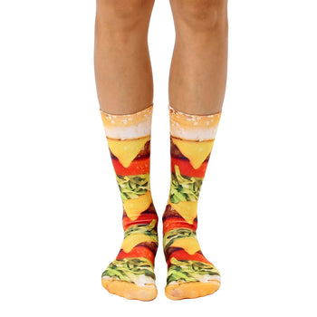 photorealistic cheeseburger print crew socks for men and women.  