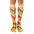 Pair of knee-high socks showcasing a realistic burger print.  Colors include yellows, browns, greens, and reds. [lf]