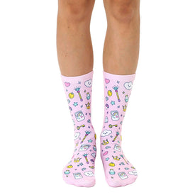 pink crew socks featuring video game items such as ghosts, potions, magic wands, crowns, and gaming consoles.  