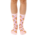 Pair of pink crew socks with a whimsical all-over print of ice cream tacos.  Features pink, brown, and pastel accents. [lf]