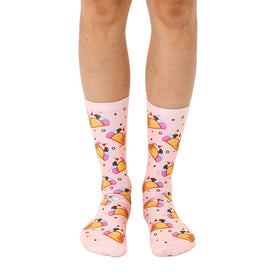 desert-themed, taco, ice cream, bright pink, and chocolate-themed womens crew length novelty sock with ice cream taco pattern. 