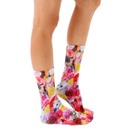 Lifestyle shot showcasing Kitty Garden crew socks on a model's legs, highlighting the sock's vibrant print and fit. [lf]