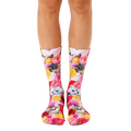 Crew socks with a whimsical print of kittens playfully hidden amongst pink, yellow, and red roses. [lf]