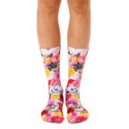 Crew socks with a whimsical print of kittens playfully hidden amongst pink, yellow, and red roses. [lf]
