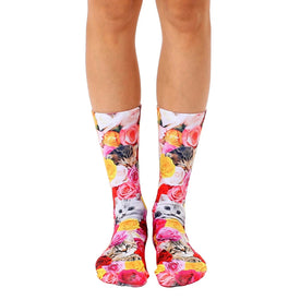 // crew length cat socks with a garden of roses pattern.  