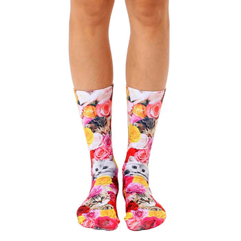 kitty garden cat themed mens & womens unisex pink novelty crew socks